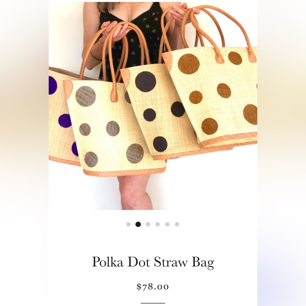 Capri Polka Dot Straw Bag Leather handles, leather binding & drawstring closure